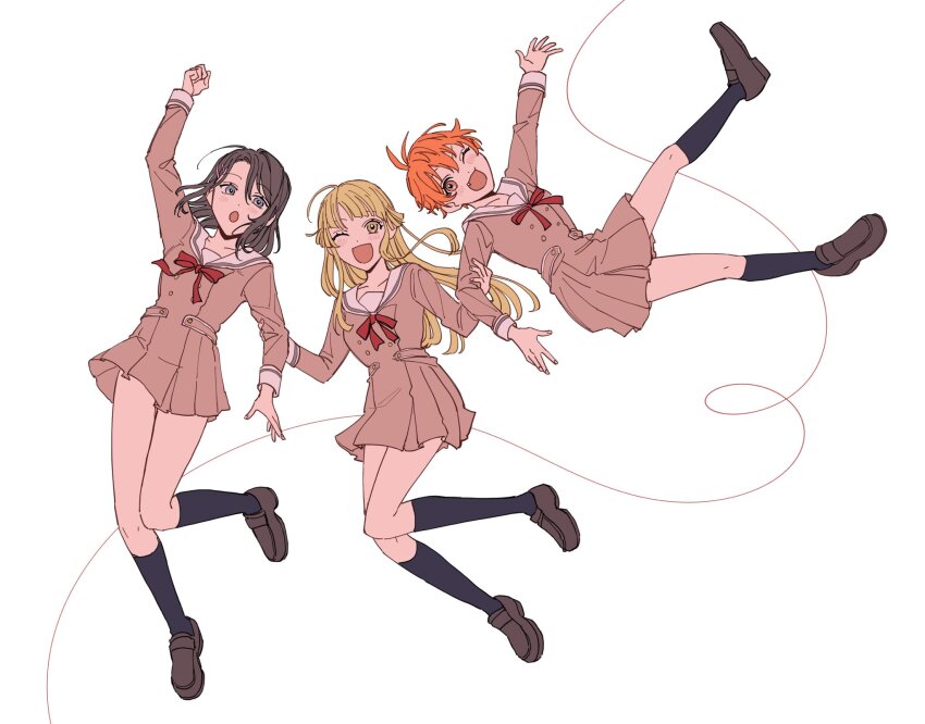 3girls :3 bang_dream! black_hair black_socks blonde_hair blue_eyes blush brown_dress brown_footwear dress fang grabbing_another&#039;s_arm hair_ornament hairclip hanasakigawa_school_uniform highres kitazawa_hagumi kneehighs loafers long_hair long_sleeves medium_hair multiple_girls neck_ribbon o_o_00 okusawa_misaki one_eye_closed open_mouth orange_eyes orange_hair pleated_dress red_ribbon ribbon sailor_collar sailor_dress school_uniform shoes short_hair socks tsurumaki_kokoro white_sailor_collar yellow_eyes