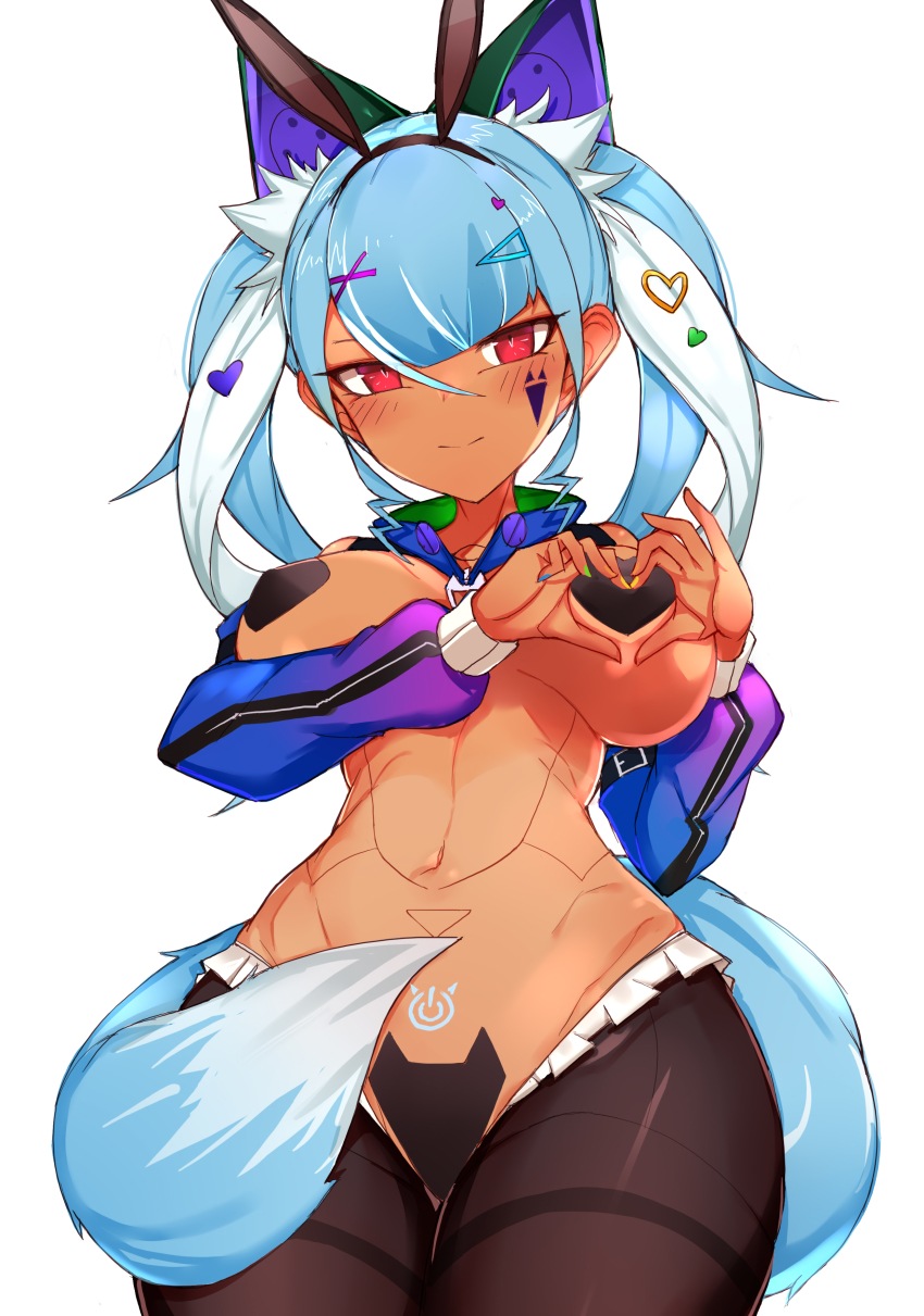 1girl absurdres andou_inari animal_ear_fluff animal_ears bare_shoulders blue_hair breasts choumi_wuti_(xueye_fanmang_zhong) covering_privates covering_breasts cowboy_shot dark_skin fake_animal_ears fox_ears fox_girl fox_tail hair_ornament hairclip heart heart-shaped_boob_challenge heart-shaped_pupils highres large_breasts mecha_musume meme_attire nijisanji playboy_bunny rabbit_ears red_eyes reverse_bunnysuit reverse_outfit robot_ears short_hair symbol-shaped_pupils tail virtual_youtuber virtuareal