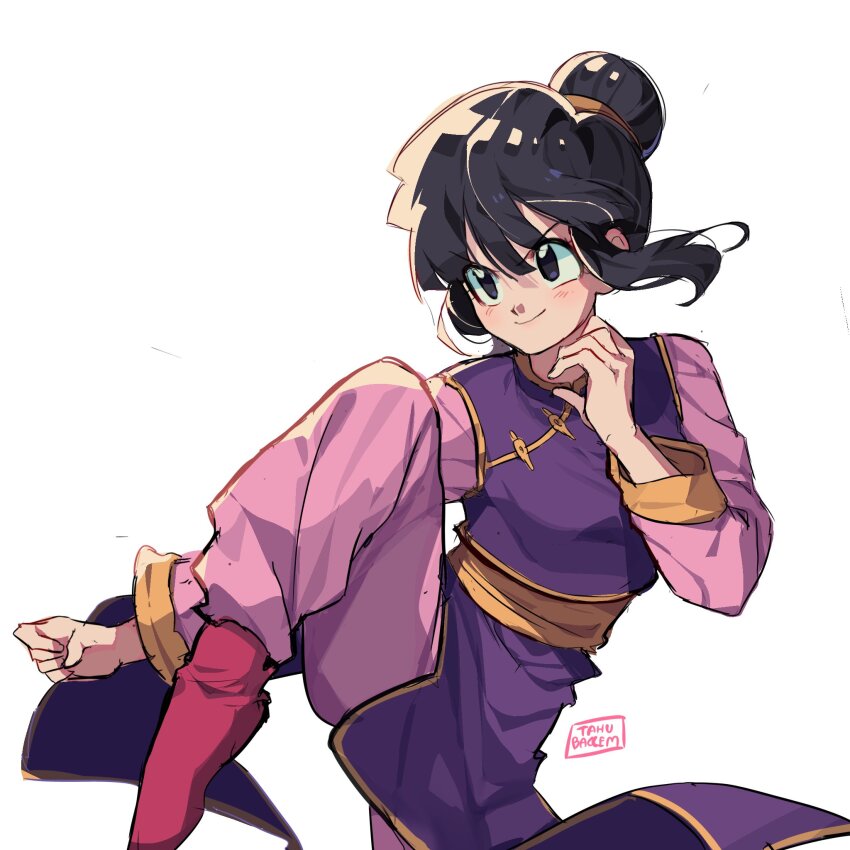 1girl artist_name bad_tag chi-chi_(dragon_ball) china_dress chinese_clothes chinese_hairstyle clenched_hand commission dragon_ball dragonball_z dress fighting_stance hair_tie highres ko-fi_commission leg_up light_blush looking_ahead meteorstaar simple_background smile tagme v-shaped_eyebrows white_background