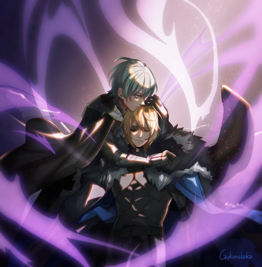 2boys arm_around_neck armor black_armor black_cape black_fur blonde_hair blue_cape breastplate byleth_(fire_emblem) byleth_(male)_(fire_emblem) cape closed_mouth dimitri_alexandre_blaiddyd energy eyepatch fire_emblem fire_emblem:_three_houses floating_cape fur-trimmed_cape fur_trim gauntlets gokunobaka gorget green_eyes green_hair hair_between_eyes hand_on_another&#039;s_head highres hug light_particles looking_to_the_side male_focus medium_hair multiple_boys nintendo one_eye_covered serious short_hair sideways_glance twitter_username white_fur yaoi