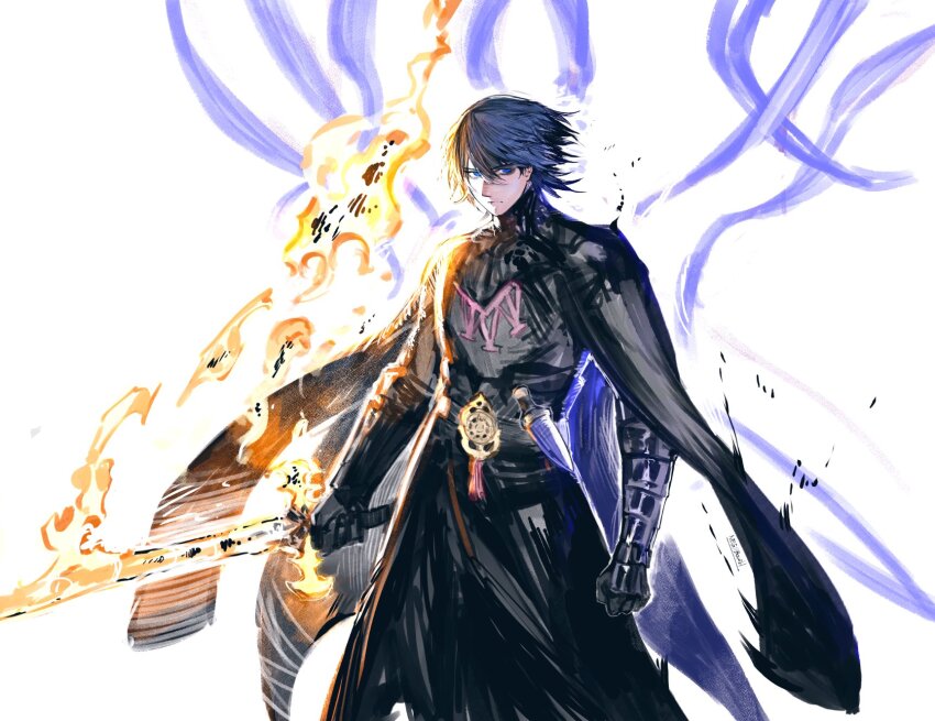 1boy armor armored_gloves black_armor black_cape black_robe black_sash blue_eyes blue_hair byleth_(fire_emblem) byleth_(male)_(fire_emblem) cape clenched_hand closed_mouth commentary crest crests_(fire_emblem) dagger dark_blue_hair english_commentary family_crest feet_out_of_frame fire fire_emblem fire_emblem:_three_houses flaming_sword flaming_weapon gloves gorget hair_between_eyes highres holding holding_sword holding_weapon knife male_focus nintendo robe sash scabbard serious sheath simple_background sketch solo sword sword_of_the_creator weapon white_background yourfreakyneighbourh