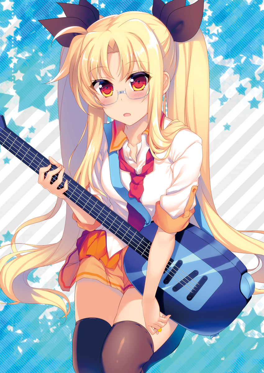 1girl black_thighhighs blonde_hair breasts collarbone cosplay fate_testarossa glasses guitar hair_ribbon instrument long_hair looking_at_viewer lyrical_nanoha mahou_shoujo_lyrical_nanoha_strikers medium_breasts miniskirt open_mouth raiou red_eyes retoree_(show_by_rock!!) retoree_(show_by_rock!!)_(cosplay) ribbon school_uniform show_by_rock!! skirt solo thighhighs twintails