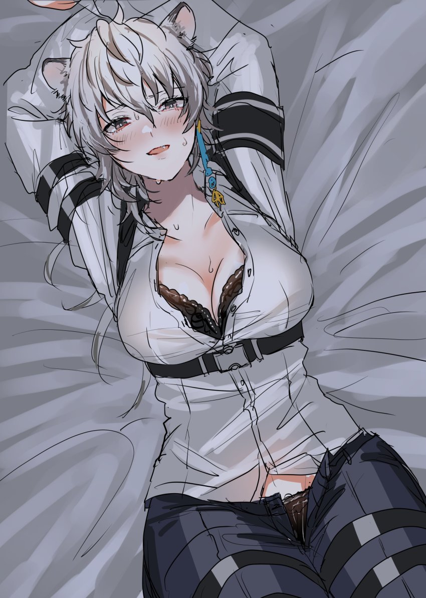 1girl absurdres animal_ears arknights arms_behind_head bad_id bad_twitter_id bed bed_sheet blush bra breasts cleavage collarbone gender_request genderswap grey_eyes hair_between_eyes highres large_breasts leopard_ears lying nuyu_uyun2 on_back panties shirt silver_hair silverash_(arknights) silverash_(elite_ii)_(arknights) smile solo sweat underwear