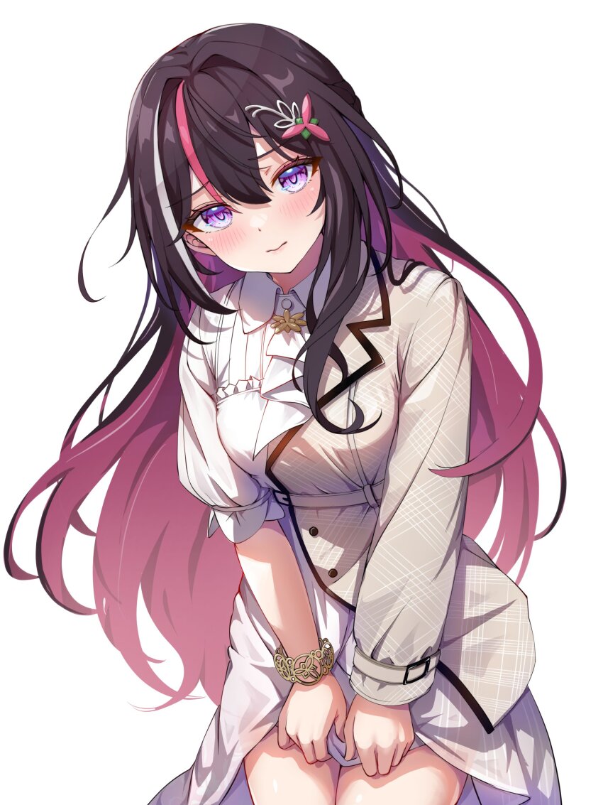 1girl absurdres ascot azki_(4th_costume)_(hololive) azki_(hololive) biting_own_lip black_hair blush brown_jacket collared_dress colored_inner_hair double-parted_bangs dress dress_tug flower hair_between_eyes hair_flower hair_intakes hair_ornament hair_over_one_eye hairclip half_up_braid high-low_skirt highres holding holding_unworn_clothes holding_unworn_dress hololive jacket knees_out_of_frame leaning_forward long_hair looking_at_viewer multicolored_hair official_alternate_costume official_alternate_hairstyle pink_hair puffy_sleeves purple_eyes ribbed_dress simple_background single_sidelock sleeves_past_elbows solo standing streaked_hair tmo-cat very_long_hair virtual_youtuber white_ascot white_background white_dress white_hair