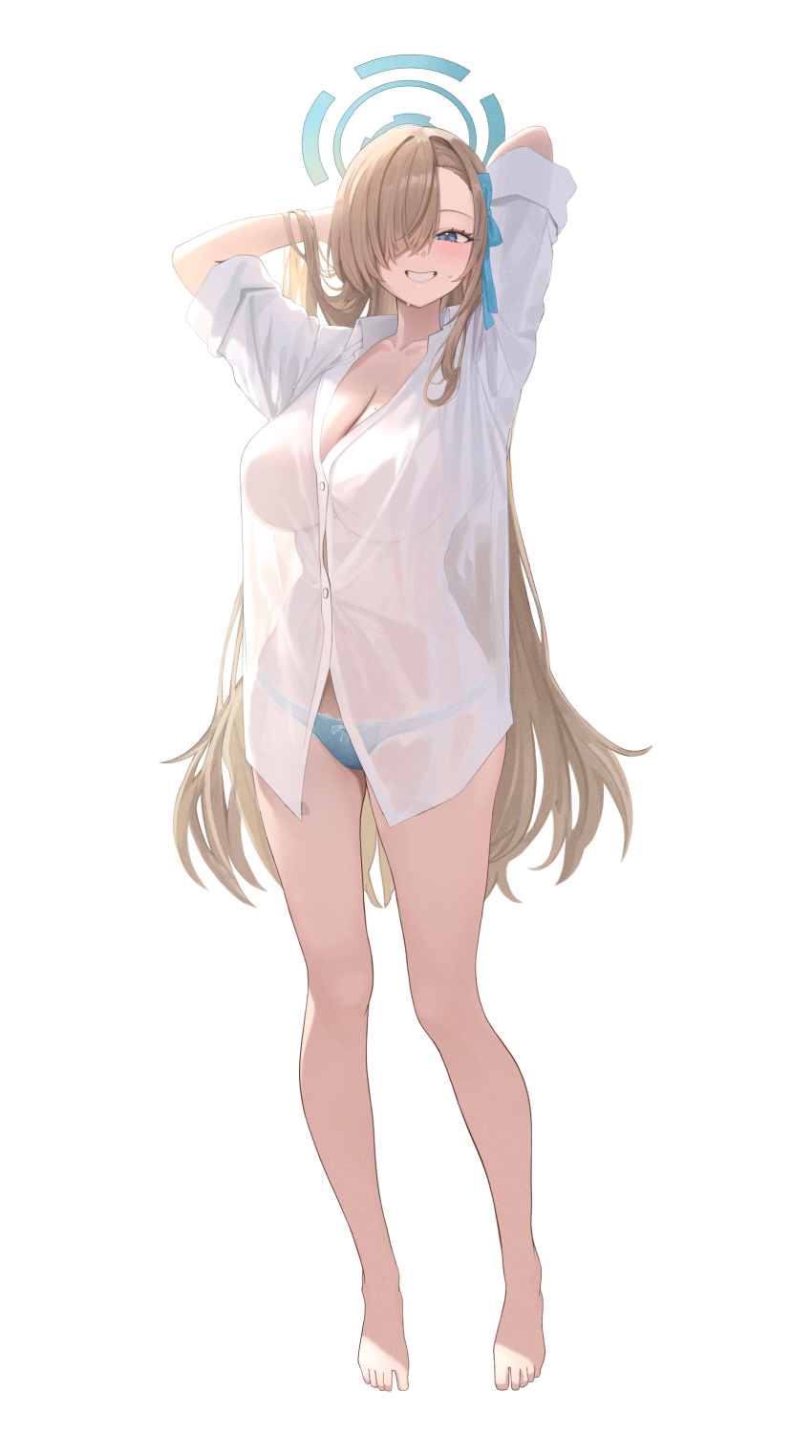 1girl absurdres alternate_costume arms_behind_head arms_up asuna_(blue_archive) bare_legs barefoot blonde_hair blue_archive blue_bow blue_eyes blue_halo blue_panties blush bow breasts brown_hair cleavage collarbone collared_shirt commentary_request full_body hair_bow hair_over_one_eye halo highres large_breasts long_hair looking_at_viewer mole mole_on_breast no_pants panties rianya07 see-through_clothes see-through_shirt see-through_silhouette shirt simple_background sleeves_rolled_up smile solo standing thighs toes underwear very_long_hair white_background