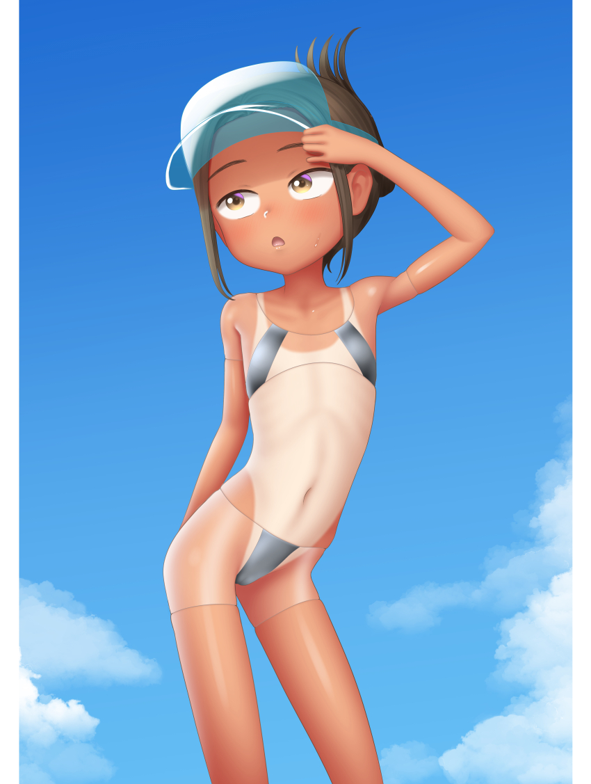 1girl absurdres bikini black_bikini blue_hat brown_eyes brown_hair cloud feet_out_of_frame female_focus flat_chest hat highres looking_to_the_side navel one-piece_tan open_mouth original outdoors paid_reward_available sc_naru short_hair sidelocks sky solo standing sweatdrop swimsuit tan tanline thighs visor_cap