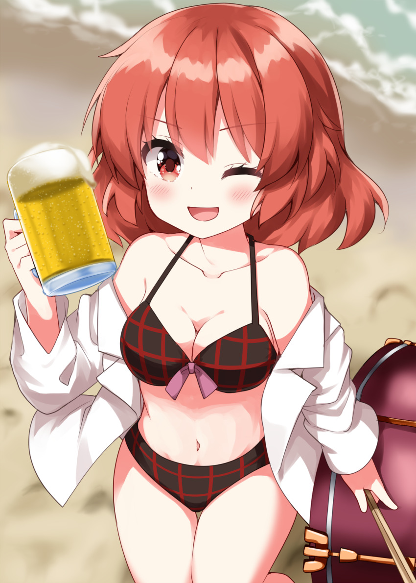 1girl ;d beach beer_mug bikini black_bikini blurry blurry_background blush breasts cleavage commentary_request cowboy_shot cup day drink hand_up highres holding holding_cup holding_drink horikawa_raiko long_sleeves looking_at_viewer medium_breasts mug navel off_shoulder one_eye_closed open_clothes open_mouth open_shirt outdoors plaid_bikini plaid_clothes red_eyes red_hair ruu_(tksymkw) shirt short_hair smile solo standing swimsuit touhou white_shirt