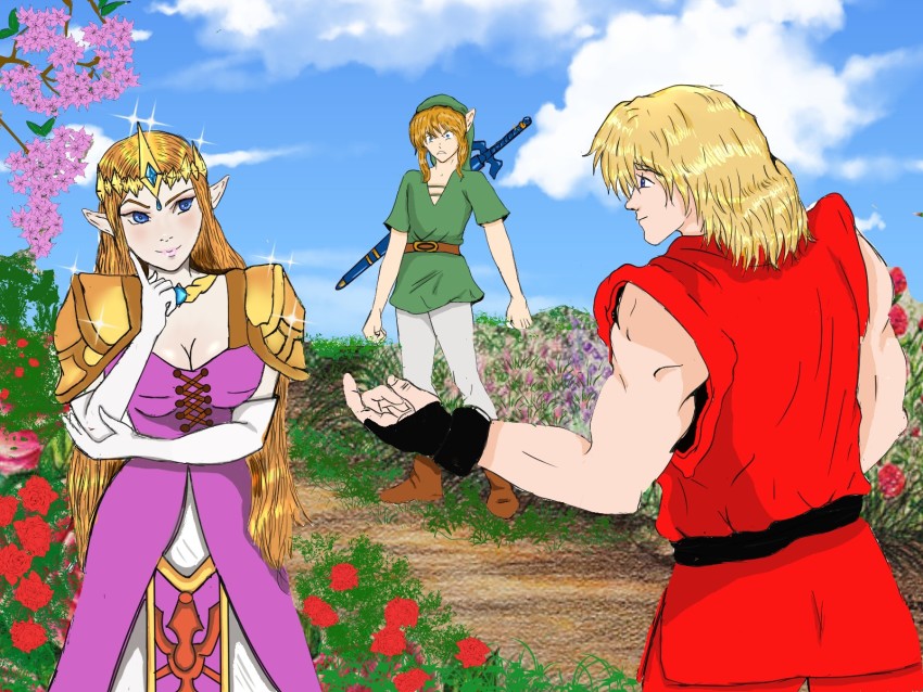 field flirting flower highres jealous like linkkillskenandzelda long_hair master_sword nintendo princess_zelda self-upload smile street_fighter super_smash_bros. sword taunting the_legend_of_zelda weapon