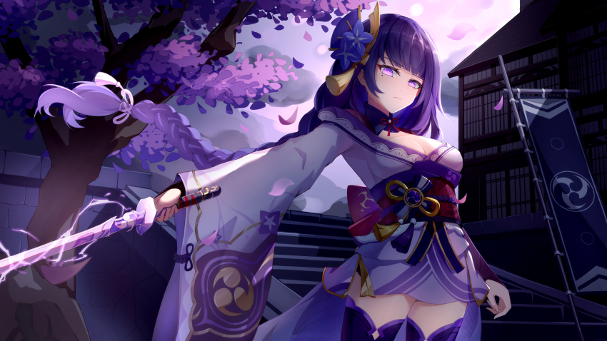 1girl absurdres architecture banner braid breasts bridal_gauntlets cleavage closed_mouth commentary_request east_asian_architecture electricity falling_petals floral_print flower genshin_impact hair_ornament highres holding holding_sword holding_weapon japanese_clothes kimono large_breasts long_hair long_sleeves looking_at_viewer mitsudomoe_(shape) mole mole_under_eye obi obiage obijime outdoors petals purple_eyes purple_flower purple_hair raiden_shogun ribbon sash solo stairs sword tassel tomoe_(symbol) tree weapon wide_sleeves youmi_kong_xiang