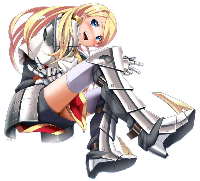 1girl :d armor bad_id bad_pixiv_id blonde_hair blue_eyes blush boots colorized crossed_arms double_v eto etrian_odyssey female_focus gauntlets gloves long_hair looking_at_viewer open_mouth original paladin_(sekaiju) paladin_2_(sekaiju) skirt smile solo thighhighs v white_thighhighs