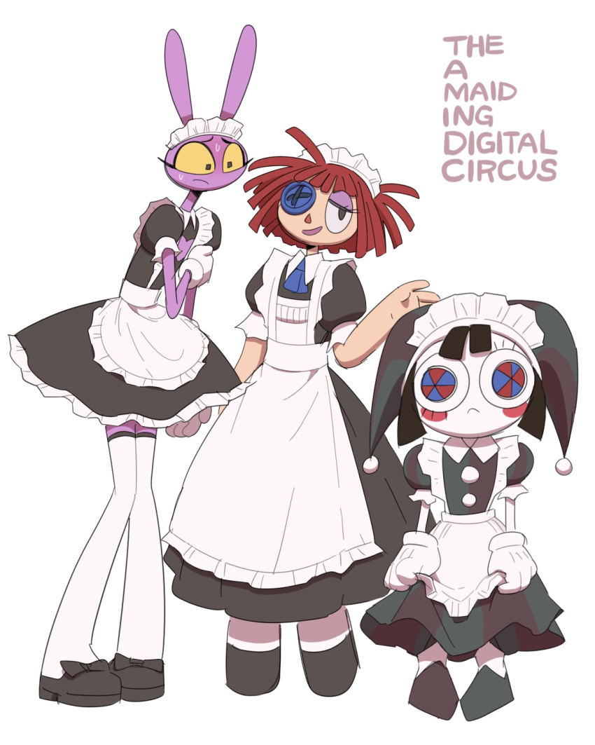 1boy 20daysapple 2girls alternate_costume animal_ears apron black_dress black_eyes black_footwear black_hair blue_neckerchief blush bow button_eye cleavage_cutout clenched_hands clothing_cutout collared_dress colored_sclera colored_skin constricted_pupils crossdressing dress footwear_bow frilled_apron frilled_dress frilled_sleeves frills frown gloves hand_on_own_arm hat heart_cutout highres holding holding_apron holding_dress holding_own_arm holding_unworn_clothes jax_(the_amazing_digital_circus) jester_cap looking_at_another looking_at_viewer maid maid_apron maid_headdress male_focus male_maid multiple_girls neckerchief pomni_(the_amazing_digital_circus) puffy_short_sleeves puffy_sleeves purple_skin rabbit_boy rabbit_ears ragatha_(the_amazing_digital_circus) red_hair short_hair short_sleeves smile sweat teeth the_amazing_digital_circus thighhighs triangle_nose waist_apron white_apron white_gloves white_thighhighs wide-eyed yellow_sclera yellow_teeth