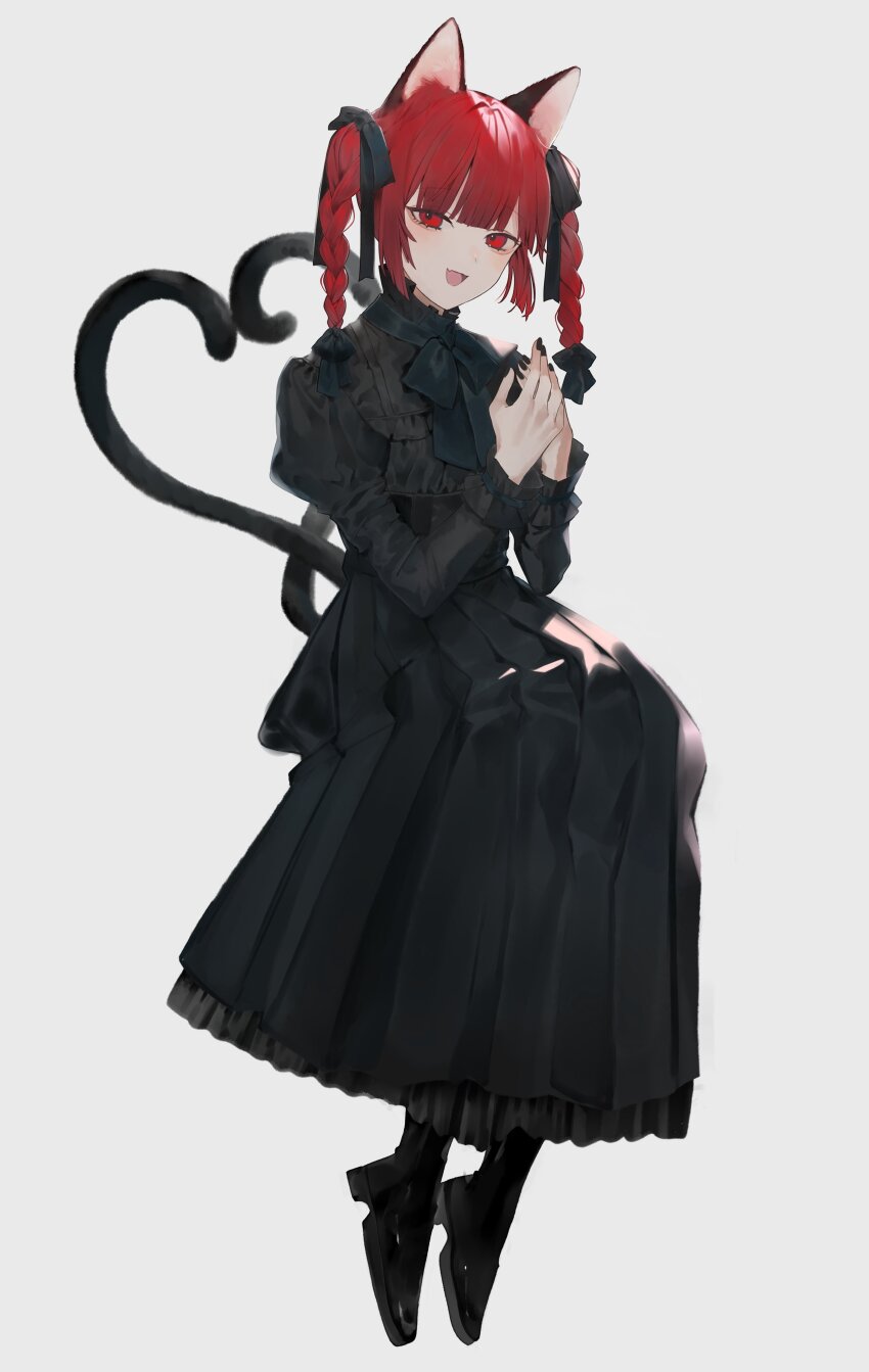 1girl :d absurdres animal_ears black_bow black_bowtie black_dress black_footwear black_nails blunt_bangs bow bowtie braid cat_ears cat_girl cat_tail daimaou_ruaeru dark_skin dress full_body grey_background heart heart_tail highres kaenbyou_rin long_dress long_sleeves looking_at_viewer multiple_tails open_mouth red_eyes red_hair simple_background smile solo tail touhou twin_braids two_tails