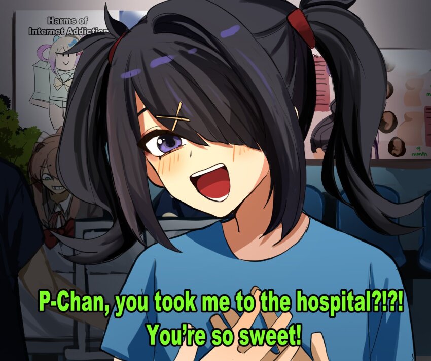 1other 2girls ame-chan_(needy_girl_overdose) black_hair blue_skirt brown_hair chair chouzetsusaikawa_tenshi-chan collared_shirt doki_doki_literature_club english_text highres hospital low_twintails monika_(doki_doki_literature_club) multiple_girls mykokampfwagen neck_ribbon needy_girl_overdose poster_(object) purple_eyes ribbon roblox shirt skirt t-shirt twintails