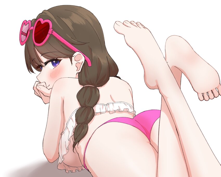 1girl ass barefoot bikini blush breasts brown_hair closed_mouth commentary eyewear_on_head frilled_bikini frills from_behind fujishima_megumi fujishima_megumi_(swimsuit) hand_on_own_face heart heart-shaped_eyewear highres large_breasts link!_like!_love_live! long_hair looking_at_viewer looking_back love_live! low_twintails lying mismatched_bikini multi-tied_hair official_alternate_costume on_stomach pink-framed_eyewear pink_bikini purple_eyes simadaburyu simple_background smile soles solo sunglasses swimsuit toes twintails virtual_youtuber white_background white_bikini