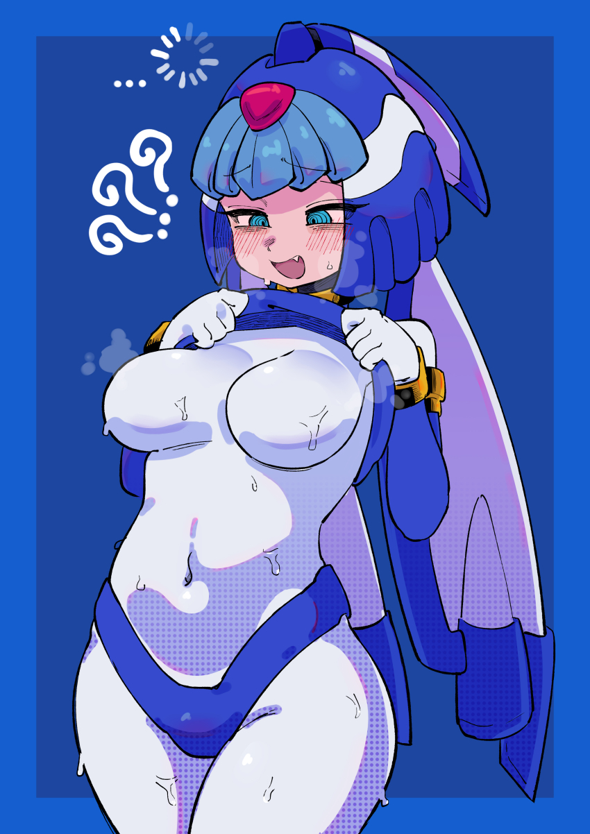 1girl ? ?? absurdres android blue_background blue_eyes blue_helmet blush bodysuit breasts buzzlyears clothes_lift covered_navel cowboy_shot fairy_leviathan_(mega_man) fang forehead_jewel helmet highres large_breasts loading_icon looking_down mega_man_(series) mega_man_zero_(series) ringed_eyes shirt_lift simple_background solo sweat white_bodysuit