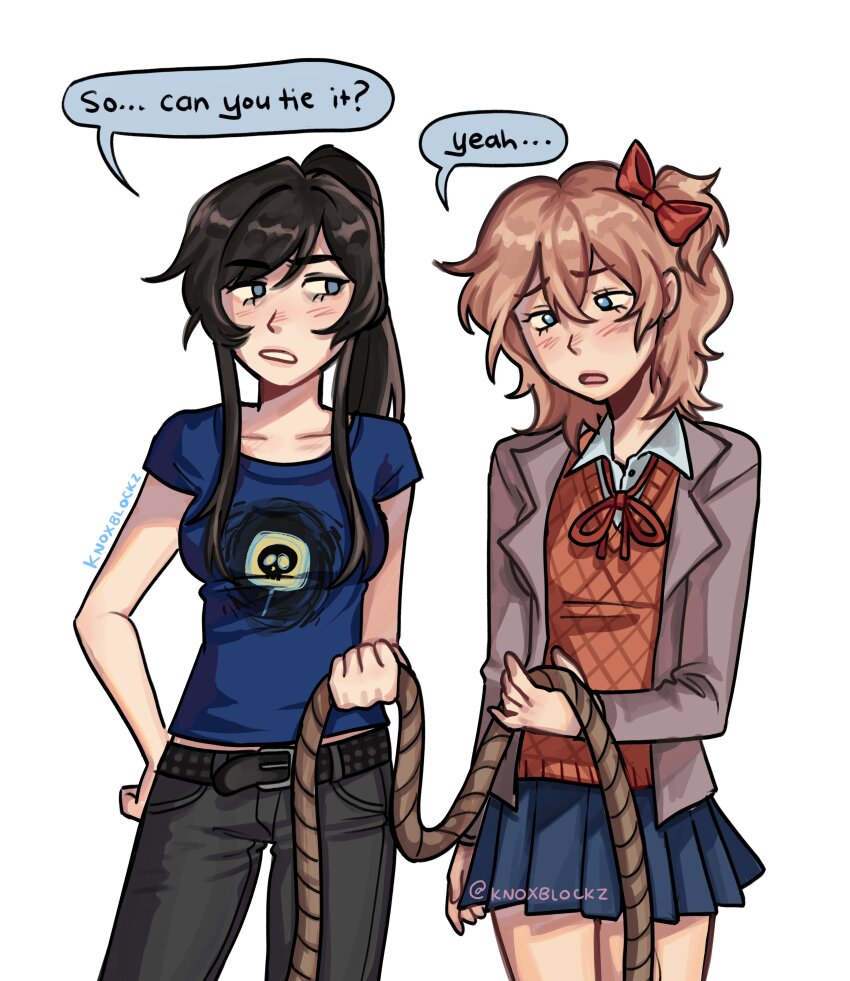 2girls absurdres belt black_hair blue_shirt bow bowtie brown_hair brown_jacket class_of_09 crossover denim doki_doki_literature_club english_text hair_bow hand_on_own_hip highres holding holding_rope jacket jeans knoxblockz long_hair medium_hair multiple_girls nicole_(class_of_09) open_clothes open_jacket orange_shirt pants pleated_skirt ponytail red_bow red_bowtie red_ribbon ribbon rope sayori_(doki_doki_literature_club) school_uniform shirt short_sleeves simple_background skirt undershirt white_background white_undershirt