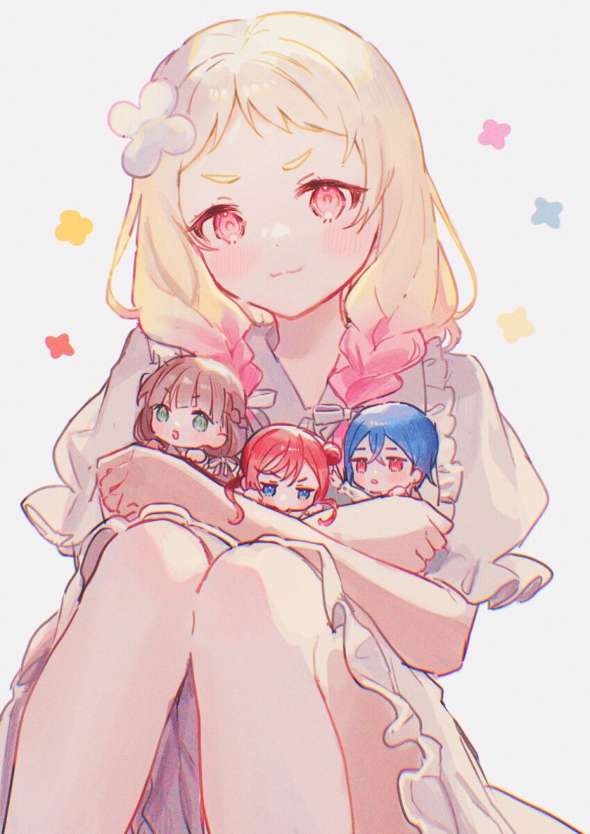 4girls ban_(one_ban7241) blonde_hair blue_eyes blue_hair brown_hair chibi closed_mouth dress frilled_dress frills gradient_hair green_eyes highres looking_at_viewer love_live! love_live!_superstar!! multicolored_hair multiple_girls oikakeru_yume_no_saki_de onitsuka_natsumi red_eyes red_hair sakurakoji_kinako short_sleeves sitting smile solo_focus twintails v-shaped_eyebrows wakana_shiki white_background white_dress yoneme_mei