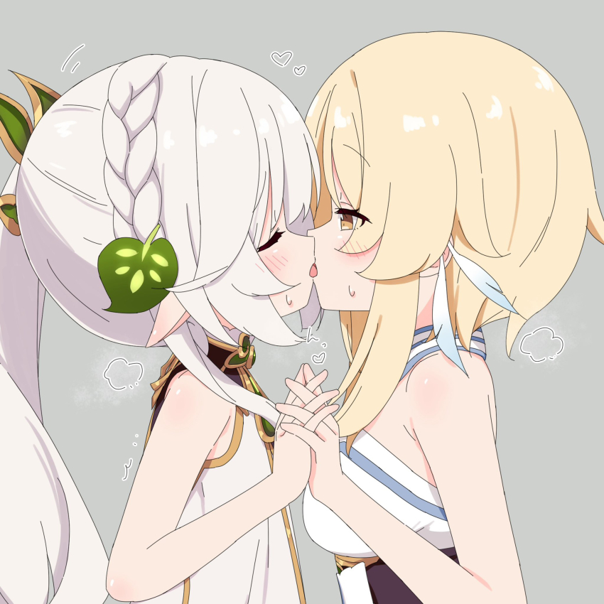 2girls age_difference azbchan1221 blonde_hair breasts commentary_request couple feather_hair_ornament feathers flat_chest french_kiss genshin_impact grey_background hair_ornament highres holding_hands interlocked_fingers kiss leaf_hair_ornament long_hair lumine_(genshin_impact) medium_breasts multiple_girls nahida_(genshin_impact) onee-loli side_ponytail upper_body white_hair yellow_eyes yuri