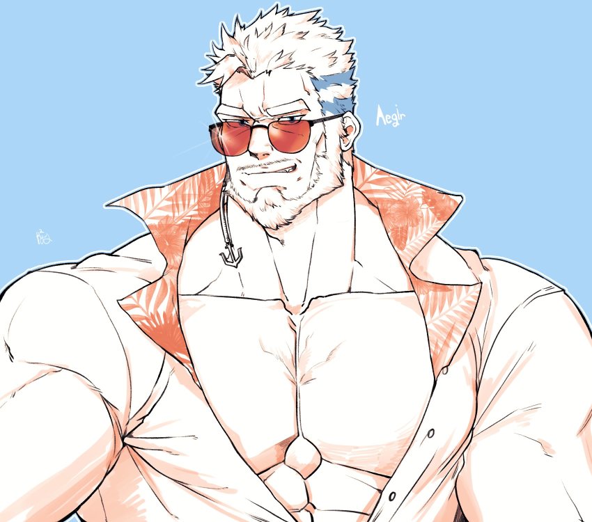 1boy aegir_(housamo) bara beard blue_eyes earrings facial_hair highres jewelry large_pectorals looking_at_viewer male_focus manly muscular open_clothes open_shirt pectoral_cleavage pectorals ppyong simple_background smile solo tokyo_houkago_summoners white_hair