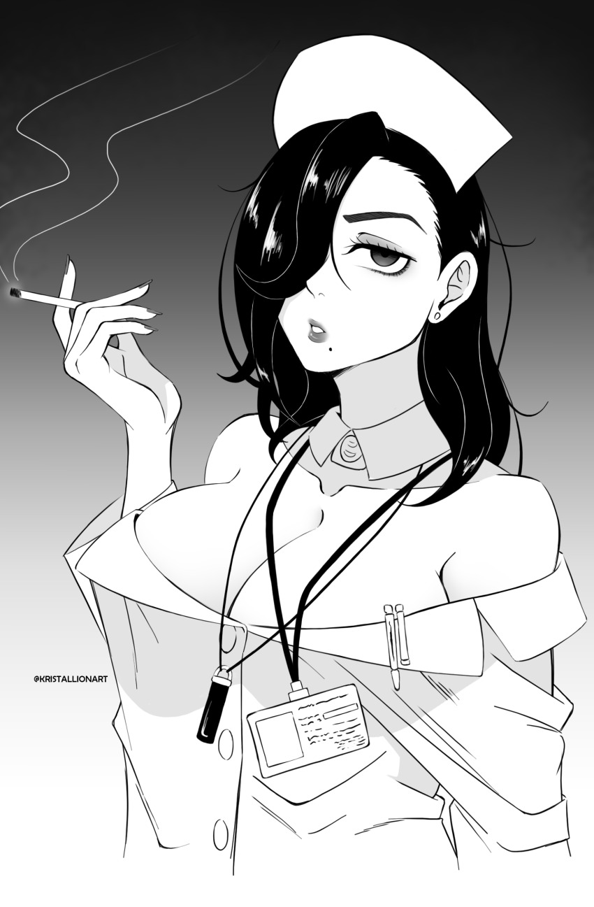 1girl black_hair breasts cigarette cleavage coat collar dandadan earrings female_focus fingernails hat jewelry kristallion large_breasts lipstick long_fingernails long_hair makeup messy_hair mole monochrome name_tag nurse nurse_cap pencil queen_sensei school_nurse simple_background smoking solo solo_focus tired_eyes