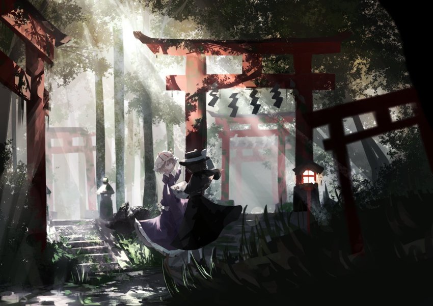 2girls agasa_(akasa_anodan) black_capelet black_headwear black_skirt blonde_hair capelet dappled_sunlight day dress forest full_body hat hat_ribbon holding long_sleeves maribel_hearn mob_cap multiple_girls nature outdoors purple_dress red_ribbon ribbon skirt stone_lantern sunlight torii touhou tree usami_renko white_headwear