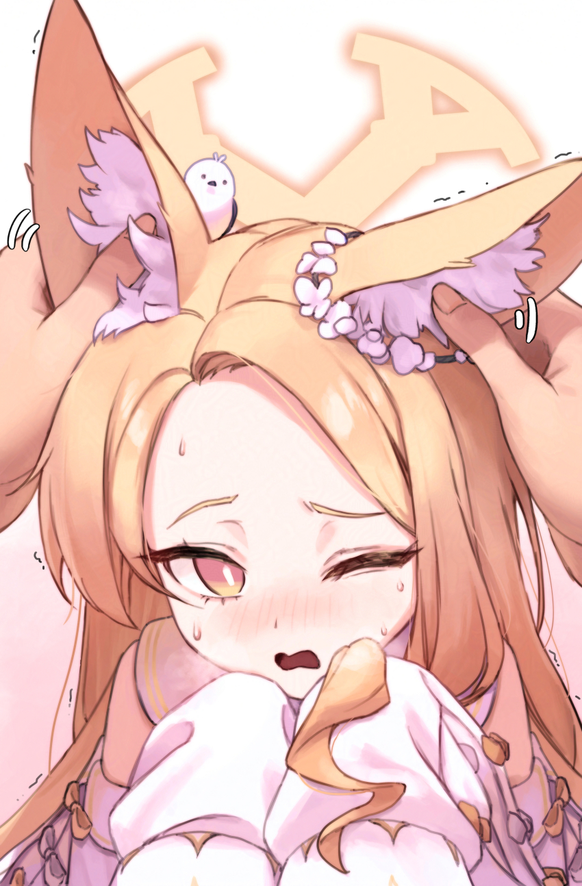 1girl 1other absurdres animal animal_ear_fluff animal_ears animal_on_head bird bird_on_head blonde_hair blue_archive blush ear_fondling ear_wreath eargasm embarrassed flower_wreath forehead fox_ears halo highres laza_(0ldsong) long_hair looking_at_viewer on_head one_eye_closed open_mouth orange_eyes own_hands_together sailor_collar seia_(blue_archive) shirt sleeves_past_fingers sleeves_past_wrists solo_focus sweat uncommon_stimulation upper_body white_sailor_collar white_shirt yellow_halo