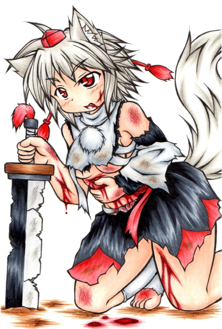 1girl animal_ears bare_shoulders barefoot blood blood_in_mouth breasts broken broken_sword broken_weapon detached_sleeves fang female_focus hat highres holding_stomach injury inte_(whitewolftail) inubashiri_momiji open_mouth pom_pom_(clothes) red_eyes sarashi short_hair silver_hair simple_background solo sword tail tokin_hat torn_clothes touhou underboob weapon white_background wolf_ears wolf_tail