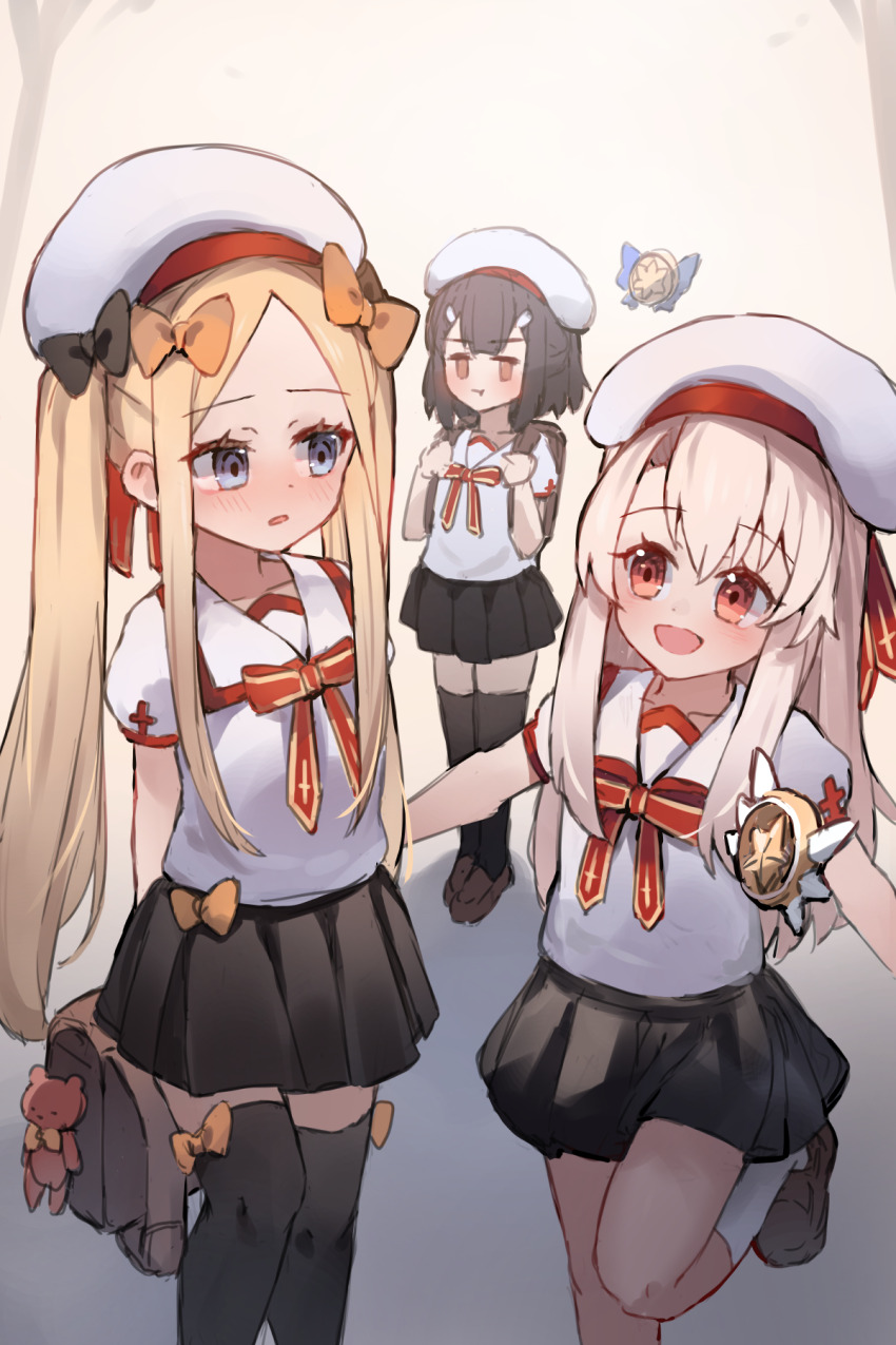 3girls :d :t abigail_williams_(fate) backpack bag beret black_bow black_hair black_skirt black_thighhighs blonde_hair blue_eyes blush bow brown_eyes brown_footwear closed_mouth cosplay eye_contact fate/grand_order fate/kaleid_liner_prisma_illya fate_(series) forehead hair_between_eyes hair_bow hat highres homurabara_academy_school_uniform illyasviel_von_einzbern jealous light_brown_hair loafers long_hair looking_at_another miya_(miyaruta) miyu_edelfelt multiple_girls open_mouth orange_bow parted_lips pleated_skirt pout puffy_short_sleeves puffy_sleeves red_eyes school_uniform shirt shoes short_sleeves sidelocks skirt smile socks standing standing_on_one_leg thighhighs twintails very_long_hair white_hat white_shirt white_socks