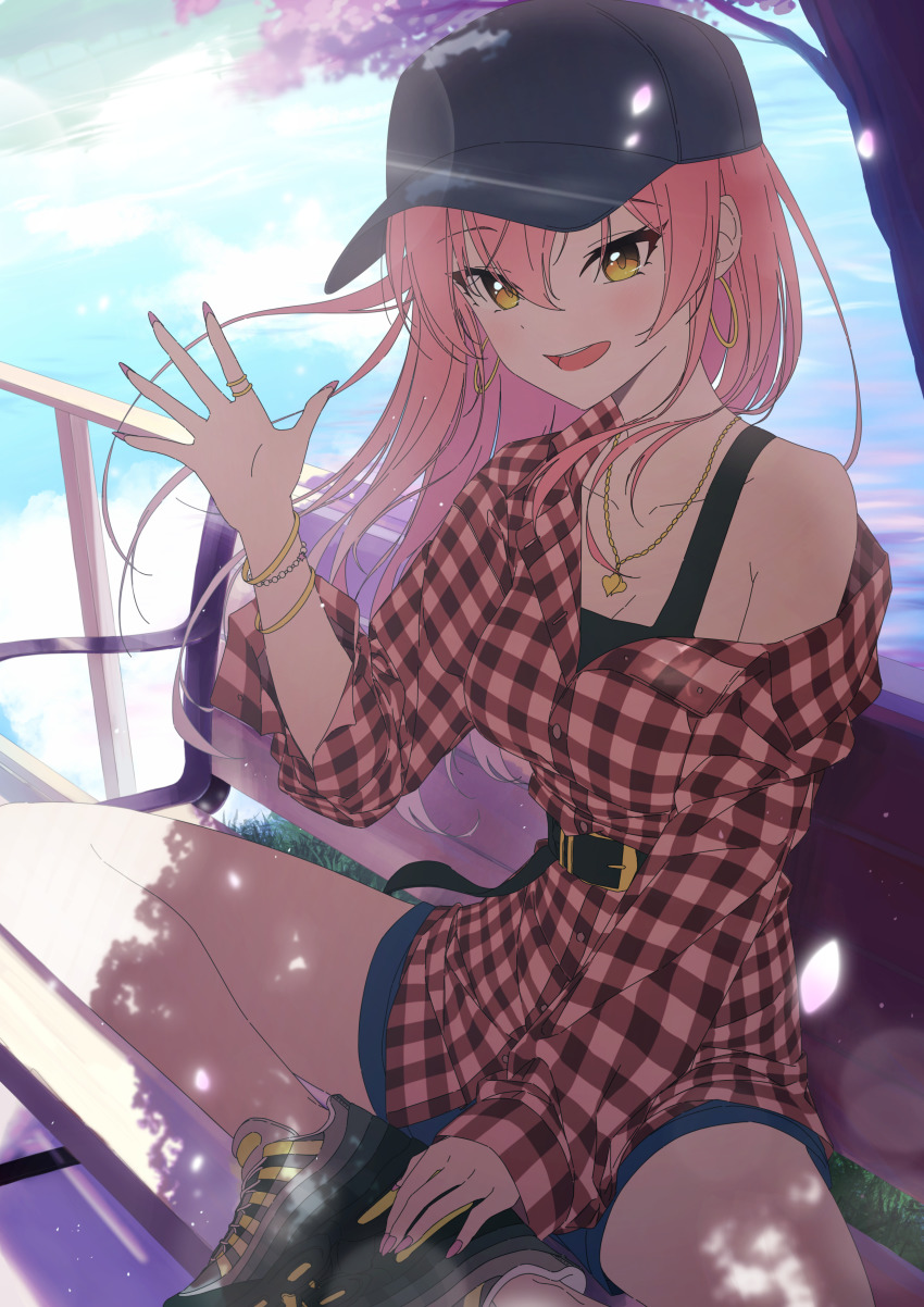 1girl absurdres bare_shoulders baseball_cap bench blue_sky blush cherry_blossoms earrings grass hat highres idolmaster idolmaster_cinderella_girls jewelry jougasaki_mika komori_(littleforest946) lake long_hair nail_polish necklace pink_hair pond ring shirt shorts sky tree waving wavy_hair yellow_eyes