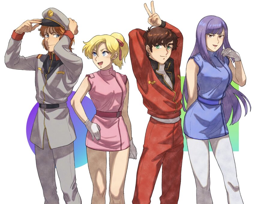 2boys 2girls adjusting_clothes aeug beecha_oleg belt blonde_hair blue_eyes brown_eyes commentary_request earth_federation elle_vianno fake_screenshot gloves green_eyes gundam gundam_zz hat highres judau_ashta kogetoriten_999 long_hair looking_at_viewer military_uniform multiple_boys multiple_girls orange_hair ponytail purple_hair roux_louka science_fiction tikarawaza v white_gloves