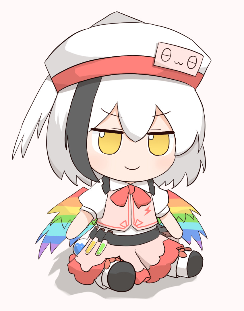 1girl black_footwear black_hair blush bow bowtie chibi chibi_only commentary_request coruthi flask full_body fumo_(doll) hat highres hollow_song_of_birds looking_at_viewer multicolored_hair puffy_short_sleeves puffy_sleeves rainbow_wings red_bow red_bowtie red_skirt red_vest round-bottom_flask shirt short_hair short_sleeves simple_background sitting skirt skirt_set socks solo streaked_hair test_tube torisumi_horou vest white_background white_hair white_hat white_shirt white_socks yellow_eyes