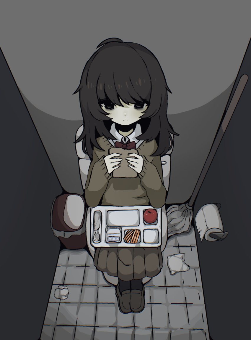 1girl apple bags_under_eyes bathroom black_eyes black_hair black_pantyhose bow bowtie bread brown_footwear brown_skirt brown_sweater eating food from_above fruit full_body highres indoors long_hair long_sleeves milk mop original pantyhose pleated_skirt red_bow red_bowtie school_uniform shirt shoes sitting skirt sleeves_past_wrists snale solo spoon sweater tile_floor tiles toilet toilet_paper toilet_stall trash_can tray white_shirt