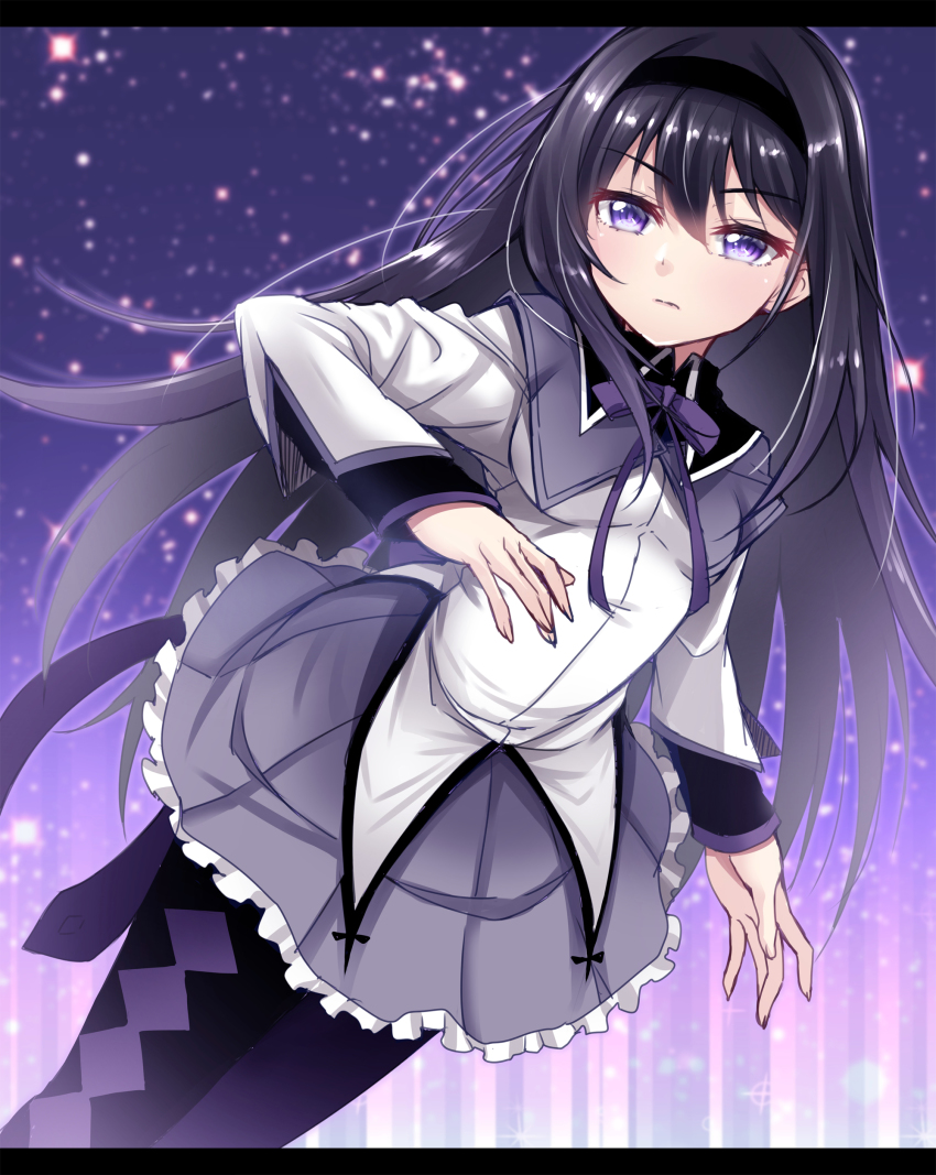 1girl absurdres akemi_homura akemi_homura_(magical_girl) black_hair headband highres long_hair long_sleeves mahou_shoujo_madoka_magica mahou_shoujo_madoka_magica_(anime) pantyhose purple_eyes ribbon skirt solo star_(symbol) star_symbol_background yunodon_(sugar_maple)