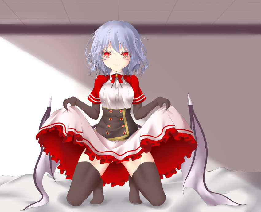 1girl angry black_gloves black_thighhighs blush buttons clenched_teeth commentary_request dai_zu_san demon_wings double-breasted dress elbow_gloves embarrassed frilled_dress frills full_body gloves hair_between_eyes highres indoors kneeling legs_apart lifting_own_clothes light_purple_hair looking_at_viewer medium_hair purple_hair red_eyes remilia_scarlet skirt_hold slit_pupils solo teeth thighhighs thighs touhou vampire wings