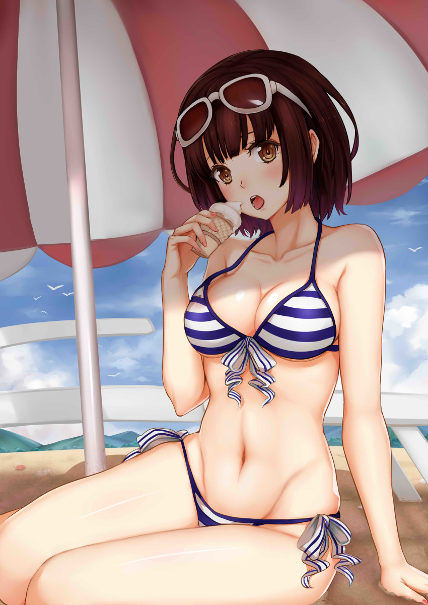 1girl absurdres arm_support beach_umbrella bikini blue_bikini breasts brown_eyes brown_hair eyewear_on_head female_focus food front-tie_top gyakushuu_no_hoshiumi highres ice_cream katou_megumi looking_at_viewer medium_breasts open_mouth saenai_heroine_no_sodatekata short_hair side-tie_bikini_bottom sitting solo striped_bikini striped_clothes sunglasses swimsuit umbrella yokozuwari