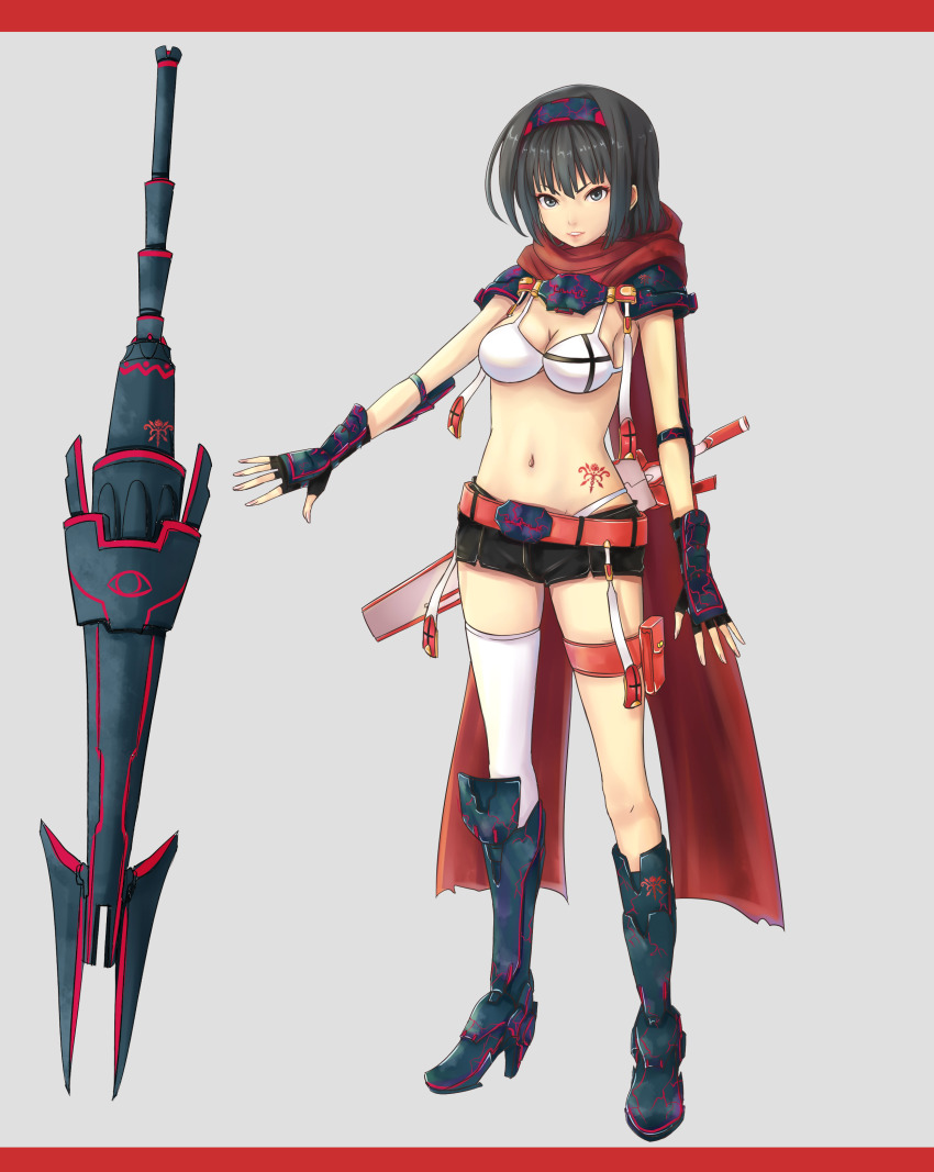 1girl absurdres bad_id bad_pixiv_id bikini bikini_top_only black_eyes black_hair boots breasts cape female_focus fingerless_gloves gloves gyakushuu_no_hoshiumi hairband high_heels highres knee_boots lance lips medium_breasts navel pixiv_fantasia pixiv_fantasia_sword_regalia polearm single_thighhigh solo swimsuit thigh_strap thighhighs weapon white_bikini white_thighhighs