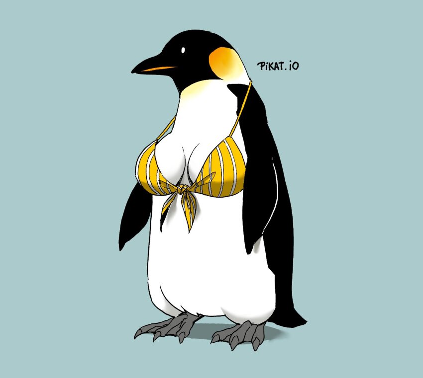 animal_focus artist_name bikini bird blue_background breasts breasts_apart commentary emperor_penguin english_commentary full_body highres medium_breasts no_humans original penguin pikat simple_background solo standing swimsuit yellow_bikini