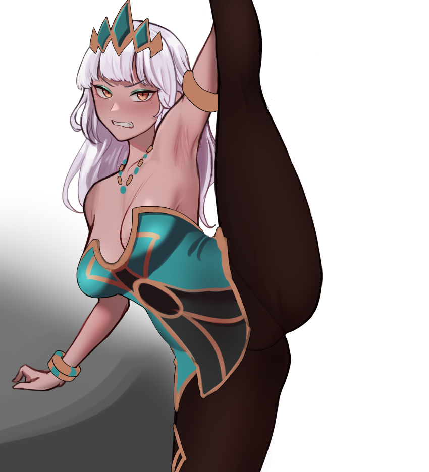 1girl absurdres armlet armpits bare_shoulders blunt_bangs bracelet breasts brown_pantyhose cel_da_lin cleavage clenched_teeth collarbone crown dark-skinned_female dark_skin dress green_dress grey_hair highres jewelry large_breasts league_of_legends leg_up long_hair looking_at_viewer mole mole_under_eye pantyhose qiyana_(league_of_legends) short_dress simple_background solo split standing standing_on_one_leg standing_split strapless strapless_dress teeth white_background