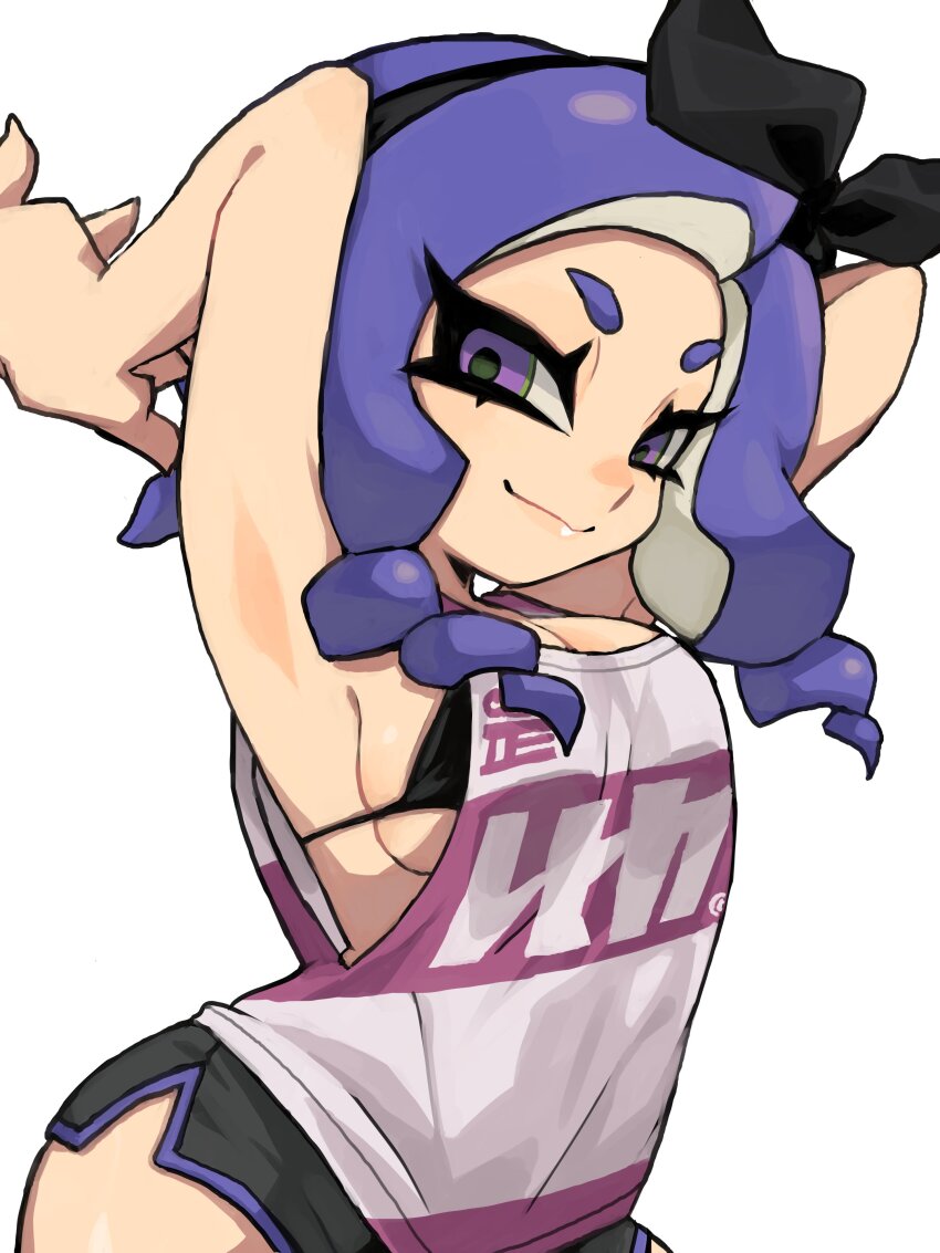 1girl absurdres armpits arms_up black_bra black_hairband black_shorts bow_hairband bra bra_peek breasts cleavage hairband highres ikachan_pochan large_breasts looking_at_viewer nintendo octoling_girl octoling_player_character purple_eyes purple_hair short_eyebrows short_shorts shorts sideboob smile solo splatoon_(series) tank_top tentacle_hair underwear white_tank_top