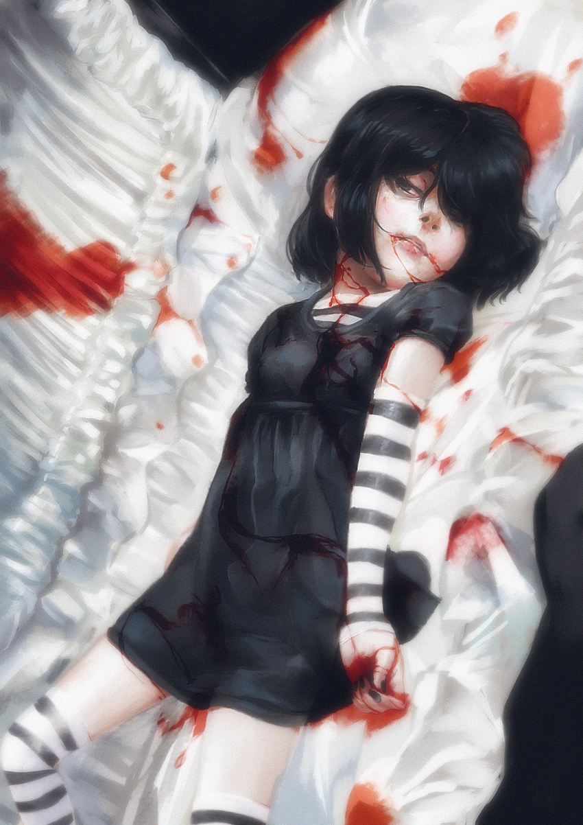 1girl black_dress black_hair blood blood_from_mouth blood_on_clothes blood_on_face blood_on_hands coffin dress hair_over_eyes hair_over_one_eye highres jcm2 lucy_loud lying on_back short_hair solo striped_clothes striped_thighhighs the_loud_house thighhighs zettai_ryouiki