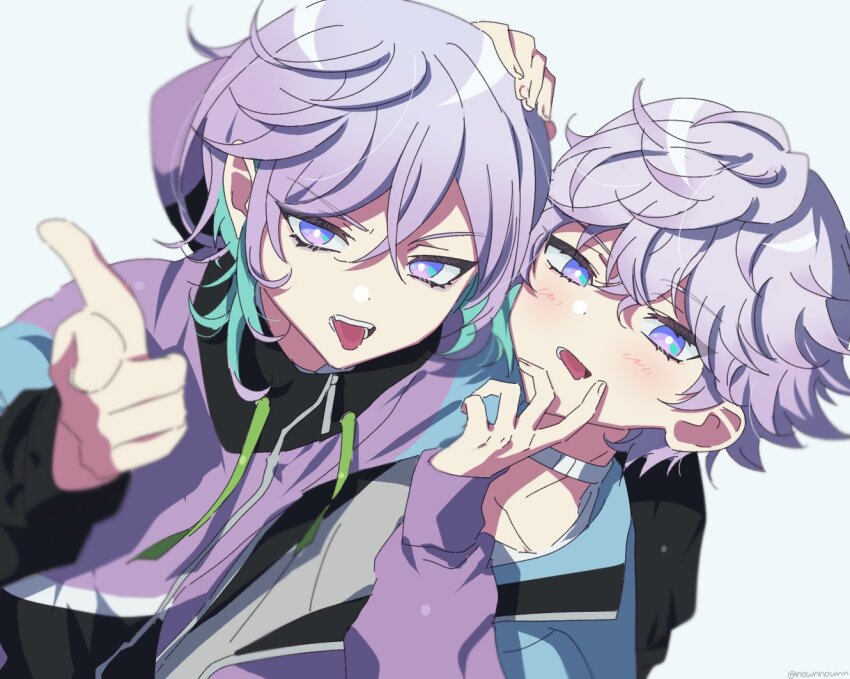 2boys aqua_hair brothers cozmez_(paradox_live) grey_background hand_on_another&#039;s_head hood hood_down hoodie looking_at_viewer male_focus multicolored_hair multiple_boys nownnownn paradox_live pointing pointing_at_viewer purple_eyes purple_hair purple_hoodie siblings simple_background tongue tongue_out twins yatonokami_kanata yatonokami_nayuta