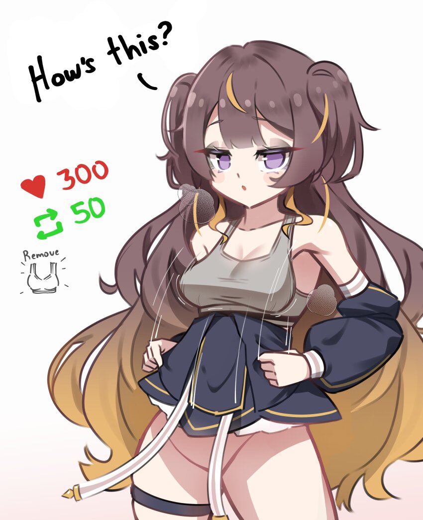 1girl absurdres anya_melfissa bare_shoulders black_hair blonde_hair blush breasts brown_hair cleavage collarbone cowboy_shot detached_sleeves dotonburi dress gradient_hair hand_on_own_hip highres hololive hololive_indonesia long_hair long_sleeves looking_at_viewer medium_breasts multicolored_hair open_mouth purple_eyes purple_hair simple_background sleeveless sleeveless_dress solo standing streaked_hair tank_top thigh_strap twintails twitter_strip_game two-tone_hair undressing very_long_hair virtual_youtuber white_background