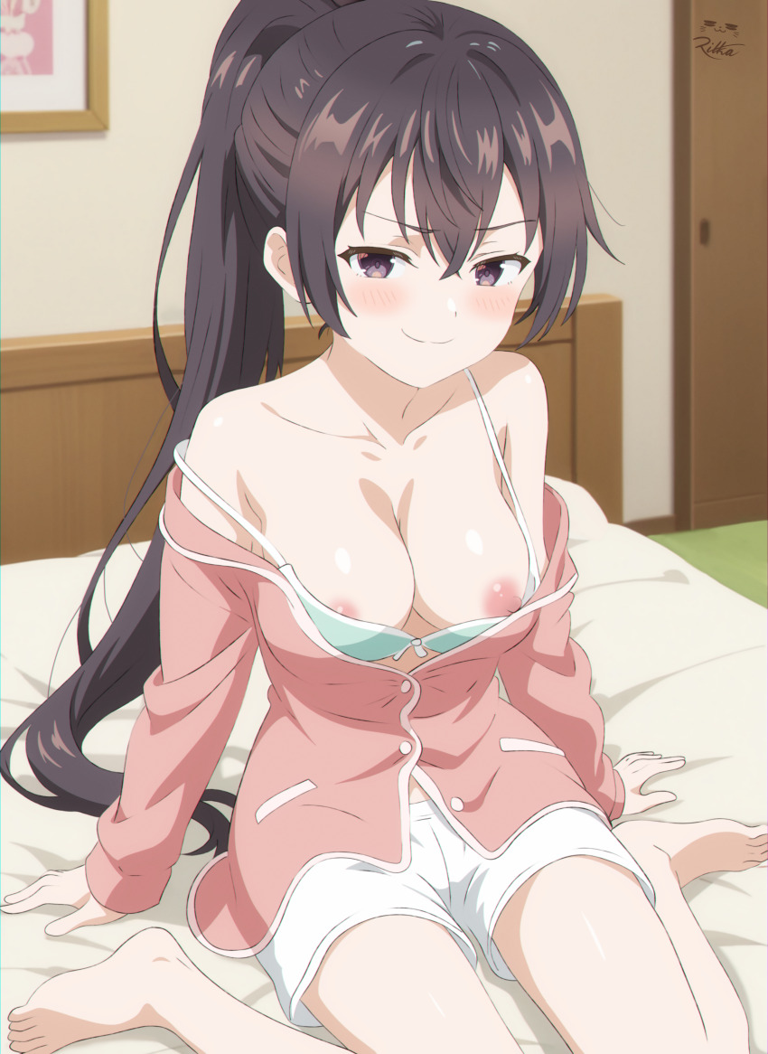 &gt;:) 1girl absurdres arms_at_sides bare_shoulders barefoot bed black_eyes black_hair blue_bra blush bra bra_pull breasts cleavage clothes_pull collarbone crossed_bangs doyagao high_ponytail highres indoors long_hair looking_at_viewer medium_breasts nipples off_shoulder on_bed pajamas pink_pajamas seasonanimes shorts signature smirk smug solo strap_slip suou_yuki tokidoki_bosotto_roshia-go_de_dereru_tonari_no_alya-san underwear v-shaped_eyebrows white_shorts