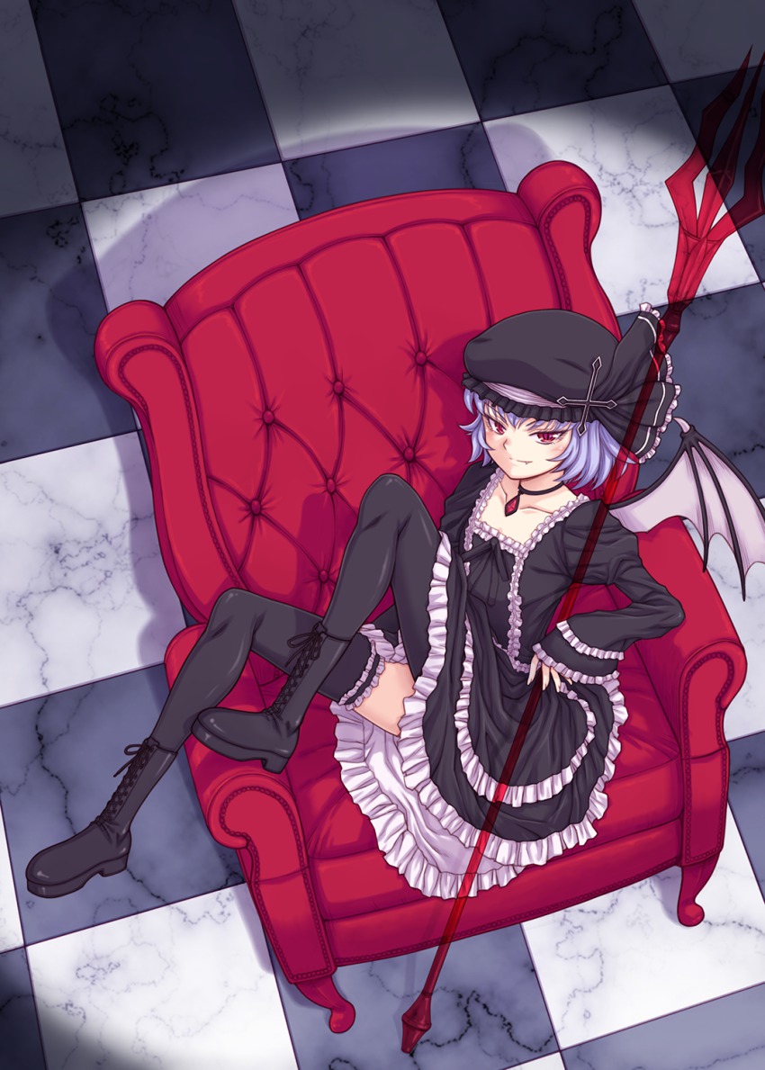 1girl alternate_costume alternate_headwear armchair bat_wings black_dress black_thighhighs blush boots chair checkered_floor choker collarbone cross-laced_footwear dress dutch_angle fang female_focus frilled_dress frills full_body gothic_lolita hat hat_ribbon highres lace-up_boots lolita_fashion long_sleeves looking_at_viewer mob_cap orebalgum puffy_sleeves red_eyes remilia_scarlet ribbon short_hair sitting smile solo spear_the_gungnir thighhighs touhou wide_sleeves wings