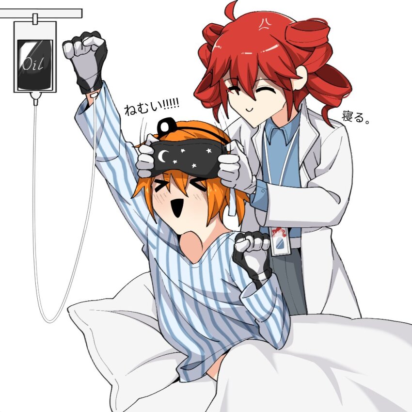 2girls a.i._voice adachi_rei anger_vein doctor drill_hair gloves igaku_(utau) kasane_teto multiple_girls orange_hair pajamas pillow red_hair side_ponytail smile twin_drills utau white_gloves yi_xing_luren