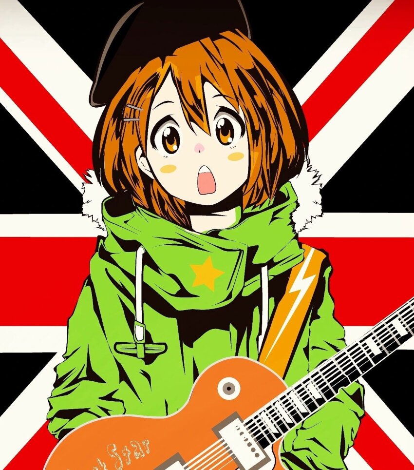 1girl blush_stickers brown_eyes brown_hair dot_nose facing_viewer feet_out_of_frame female_focus green_jacket guitar guitar_strap hair_ornament hairclip hat hirasawa_yui instrument jacket k-on! laika2slip long_sleeves looking_at_viewer open_mouth standing star_(symbol) teeth