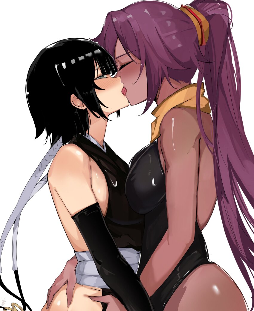 2girls absurdres arnkun ass bare_shoulders black_eyes black_hair black_hakama black_kimono black_leotard bleach blunt_bangs blush breast_press breasts closed_eyes dark-skinned_female dark_skin french_kiss gloves grabbing_another&#039;s_ass groping hakama highres hip_vent japanese_clothes kimono kiss large_breasts leotard long_hair medium_breasts multiple_girls orange_scarf parted_bangs ponytail purple_hair scarf shihakusho shihouin_yoruichi shinigami short_hair short_hair_with_long_locks sideboob sideless_kimono sideless_outfit simple_background sui-feng symmetrical_docking thighs tongue tongue_out white_background yuri