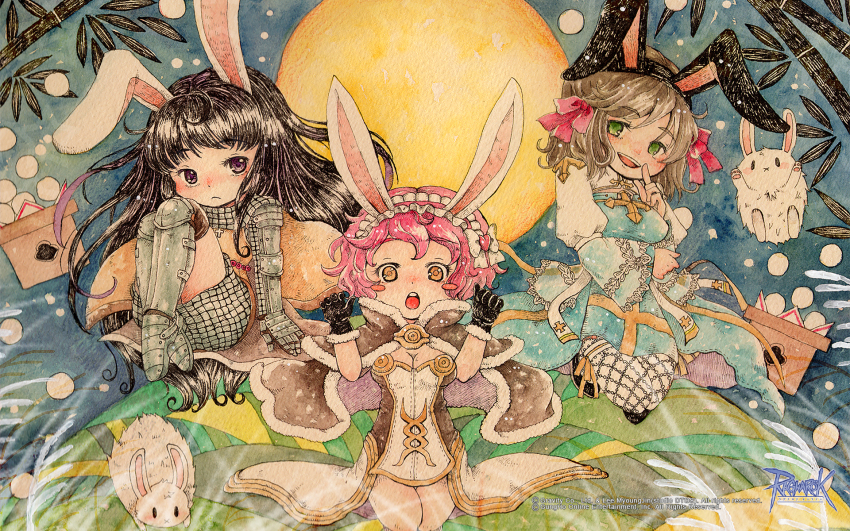 3girls akari-tkn animal_ears arch_bishop_(ragnarok_online) armor armored_skirt black_footwear black_gloves black_hair blue_dress blush blush_stickers bow breasts brown_cape brown_dress brown_hair cape chainmail closed_mouth copyright_notice cross dress expressionless fake_animal_ears fishnet_thighhighs fishnets food full_body full_moon fur-trimmed_cape fur-trimmed_gloves fur_trim gauntlets gloves green_eyes guest_art hair_bow high_wizard_(ragnarok_online) highres juliet_sleeves jumping kagami_mochi knight_(ragnarok_online) logo long_hair long_sleeves looking_at_viewer lunatic_(ragnarok_online) medium_breasts mochi moon multiple_girls official_art official_wallpaper open_mouth orange_eyes pauldrons pink_bow pink_hair puffy_sleeves purple_eyes rabbit rabbit_ears ragnarok_online shoes short_dress short_hair shoulder_armor smile thighhighs two-tone_dress white_bow white_dress white_thighhighs