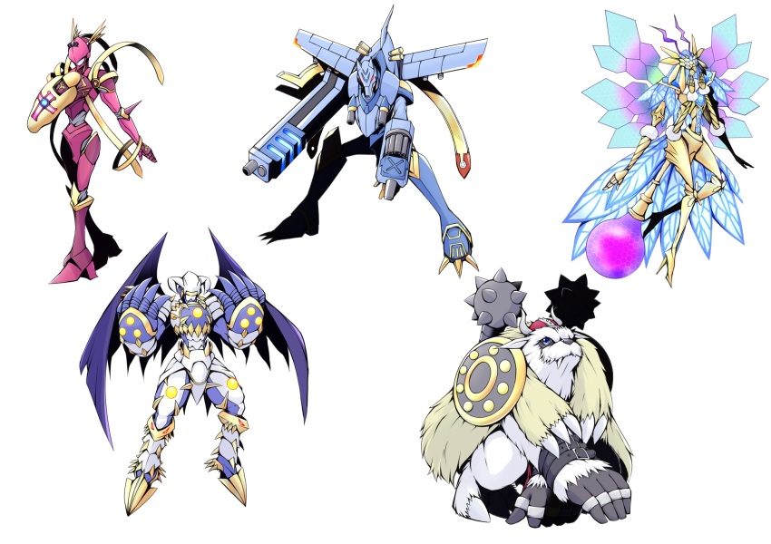 armor belt digimon dynasmon eosmon_ultimate highres japanese_text lordknightmon magnagarurumon vikemon wings wolf