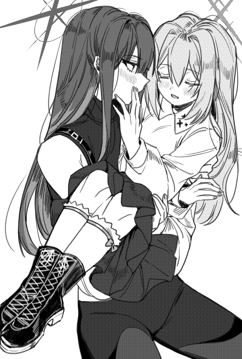 2girls arikalovesyou2 atsuko_(blue_archive) blue_archive blush boots carrying closed_eyes collared_shirt commentary greyscale halo hand_on_another&#039;s_face highres long_hair long_sleeves looking_at_another monochrome multiple_girls open_mouth pants princess_carry saori_(blue_archive) shirt skirt sleeveless sleeveless_shirt smile yuri